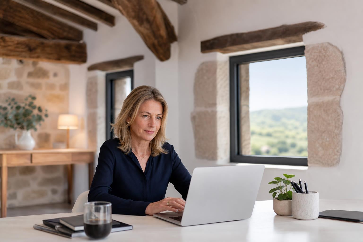 Bureau clair installé dans une bâtisse en pierre à la campagne française