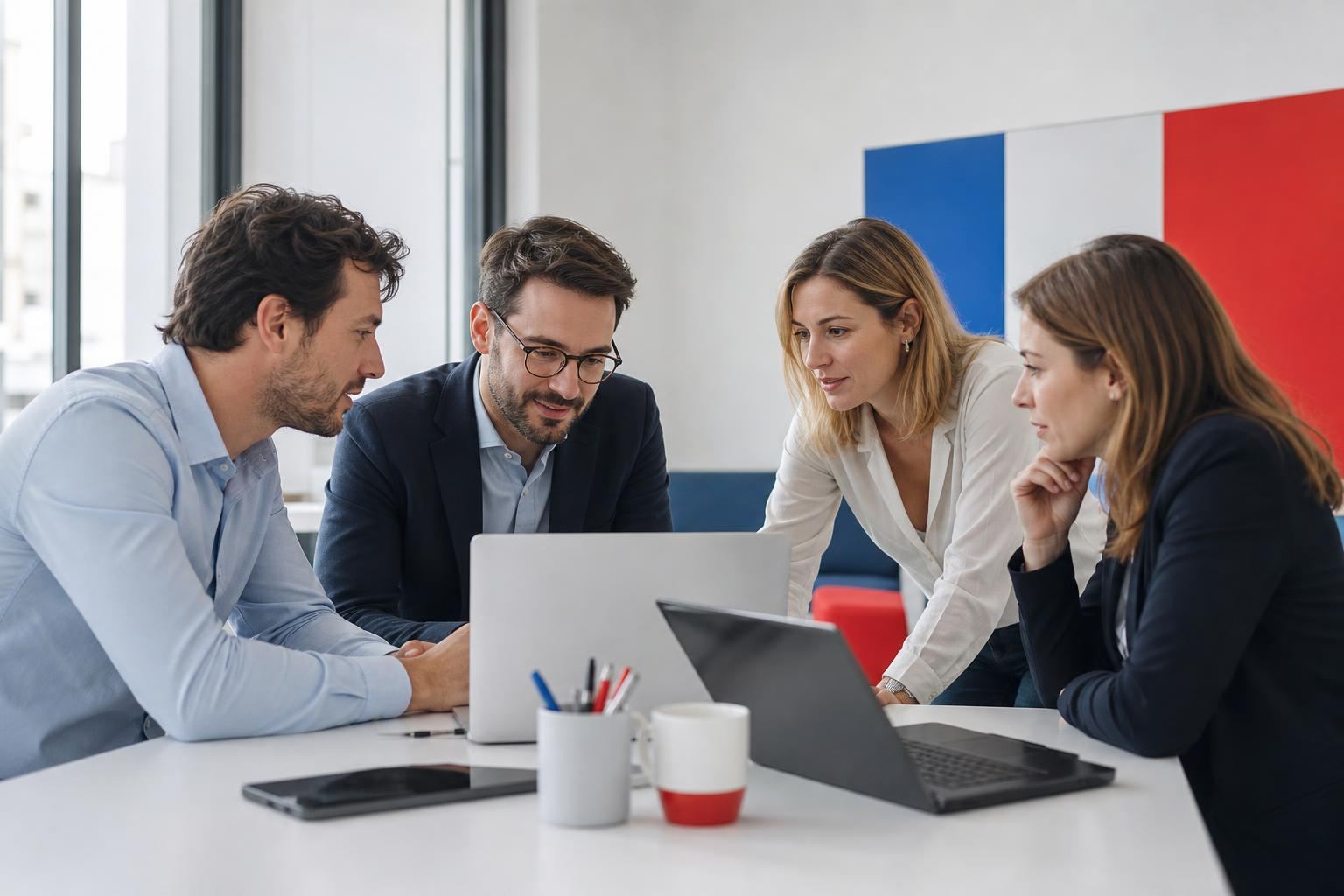 Équipe de quatre professionnels réunis autour d une table de travail